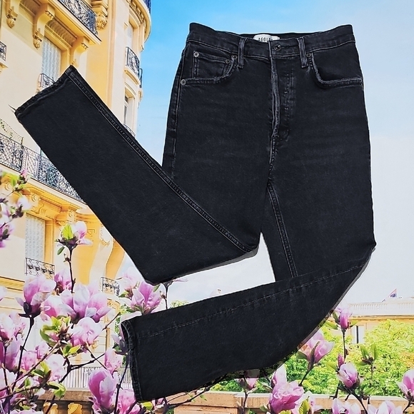 Agolde Riley Crop 5 Button High-Waisted Black Denim Jeans Size 24 - Picture 2 of 8